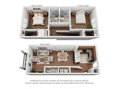 Floor plan for 2 beds, 2.5 baths, 1215 sqft